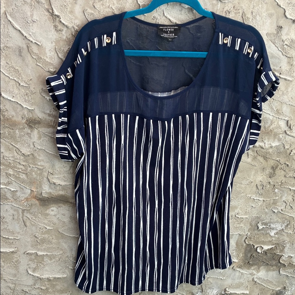 Flower & Feather Sheer Top Navy White Striped Blouse Buttons Short Sleeves 2XL